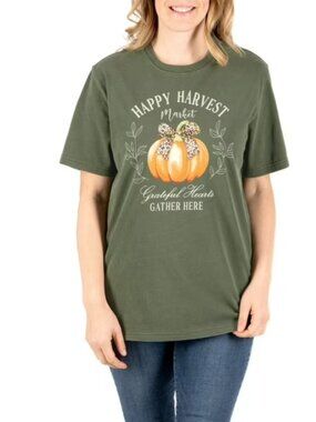 State of Mine Women's Happy Harvest Short Sleeve Crewneck Graphic T-Shirt Olive